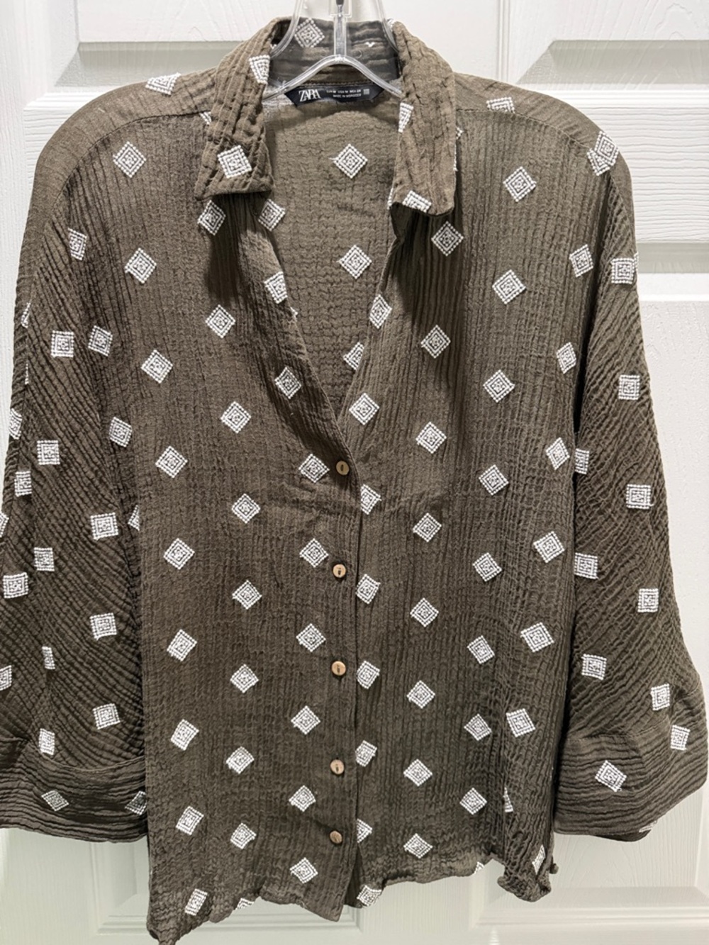 Zara Olive Brown Shirt with White Embroidered Diamond